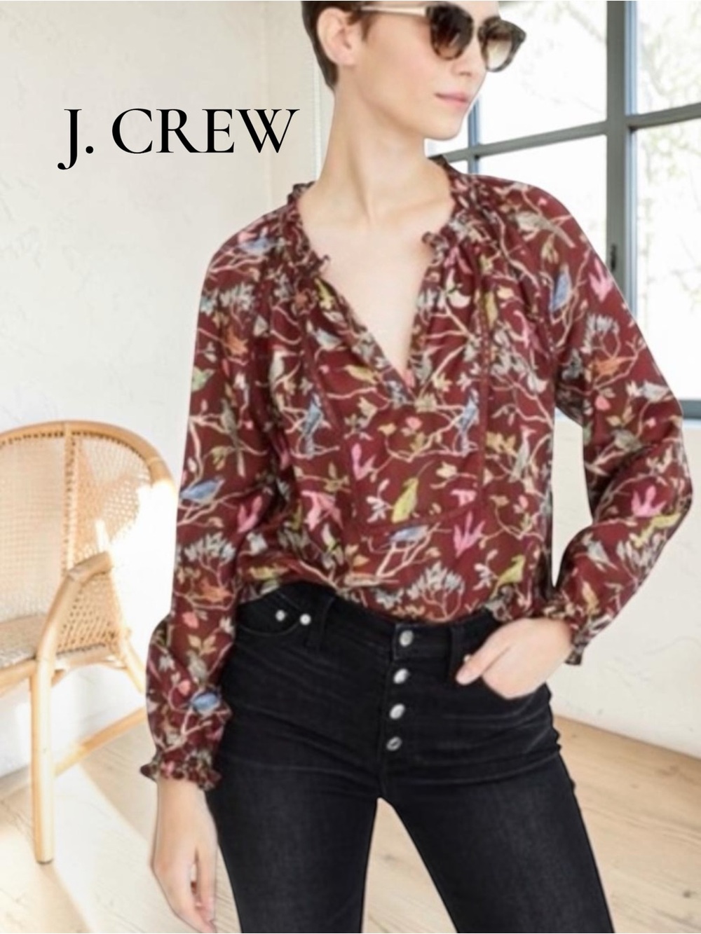 J. Crew Point Sur Deep Brown Ruffle Blouse Cottage Bird Print Semi Sheer Top